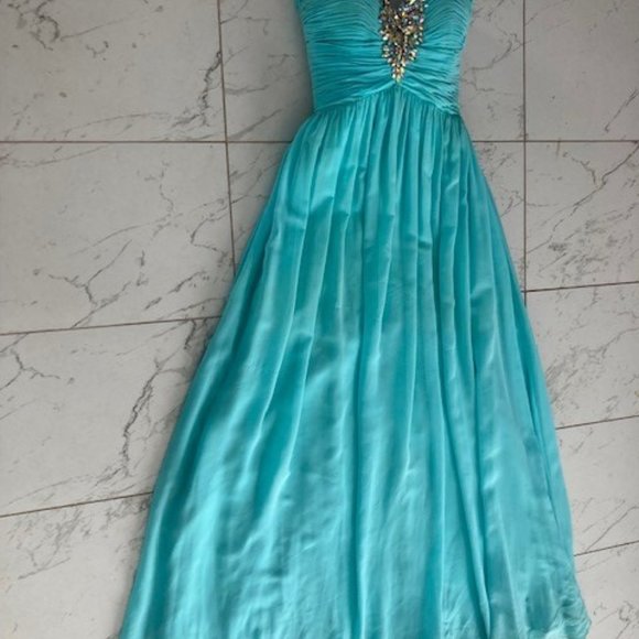 Floor-length strapless turquoise gown - Picture 2 of 7